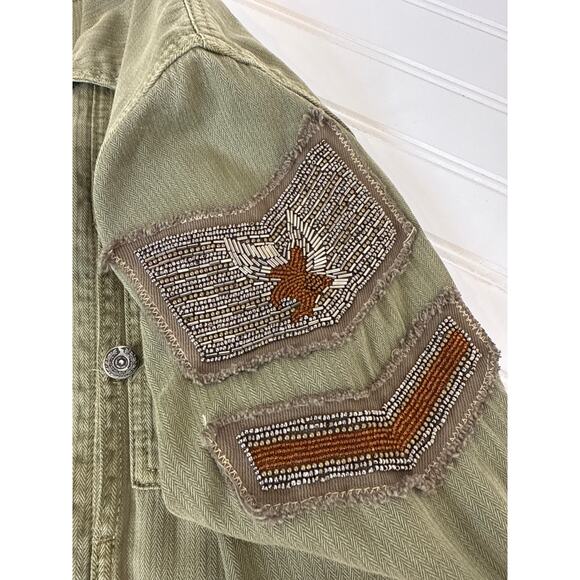 Free People Embellished Military Jacket Green Army Fatigue Beaded Shirt Size S - Picture 7 of 8